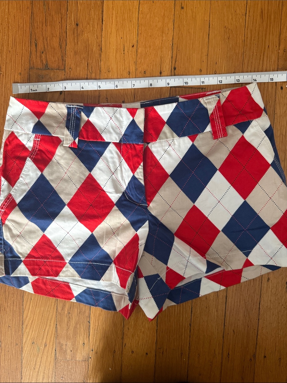 Argyle Print Women’s Golf Shorts in Red, White & Blue - Picture 3 of 5
